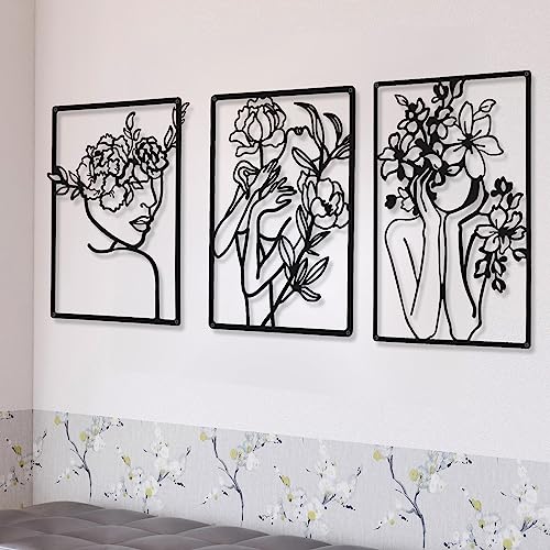 CHENGU 3 Pieces Metal Minimalist Abstract Woman Wall Art Line Drawing Wall Art Decor Single Line Female Home Hanging for Kitchen Bathroom Living Room - style: Classic