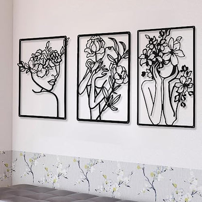 CHENGU 3 Pieces Metal Minimalist Abstract Woman Wall Art Line Drawing Wall Art Decor Single Line Female Home Hanging for Kitchen Bathroom Living Room - style: Classic