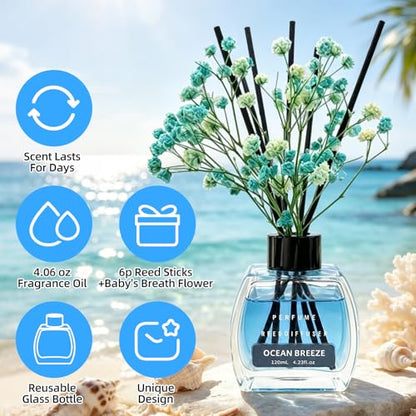 Reed Diffuser Oil Set with Reed Sticks, Ocean Aromatherapy Oil Scent Diffuser with 6 Sticks, Reed Diffusers for Home, Bathroom Air Freshener 4.06 oz/120ml