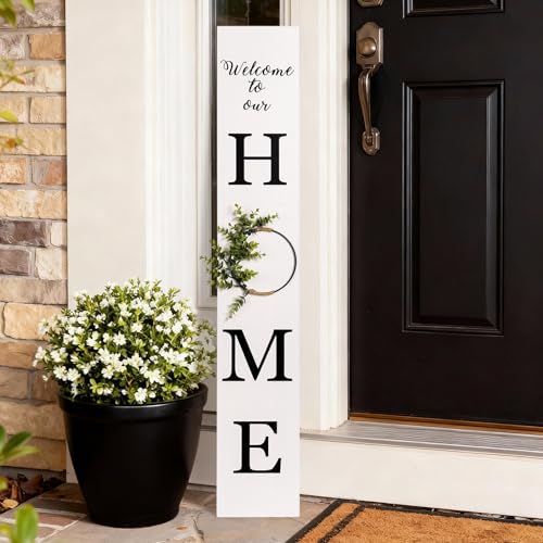 47.2" H Welcome to Our Home Sign with 3D Wreath (No Splicing), Large Wooden Welcome Sign Porch Front Door Standing Outdoor Decor, Tall Vertical Leaner Outside Farmhouse Yard Decorations - color: white black