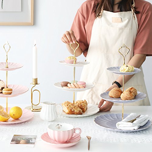 Sweejar 3 Tier Ceramic Cake Stand Wedding, Dessert Cupcake Stand for Tea Party Serving Platter (Pink) - color: Pink