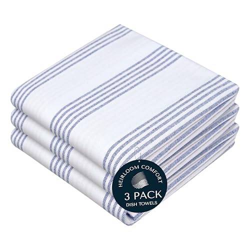 Indigo Blue Stripe Kitchen Towels, 3 Pack, 100% Cotton, Super Absorbent and Quick Dry, Multi Pin Striped Towel Set, Durable Dish Cloths for Kitchen Use, Cleaning & Drying Dishes - color: Indigo Blue, style: 3 Pack