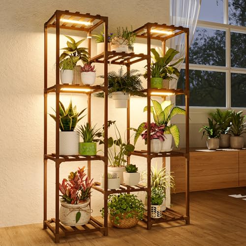 Bamworld Plant Stand with Grow Light Plant Shelf for Mutiple Pots Large Plant Holder for Living Room Patio Boho Home Decor for Gardening Warm Light | Large Plant Holder for Living Room Patio Boho Home Decor for Gardening Warm Light - color: Brown,Warm Lig
