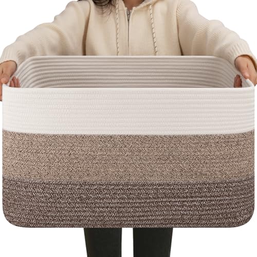 OIAHOMY Blanket Basket Laundry Basket Dog Toy Basket 75L Dark Brown | Large Storage Basket,Baby Basket,Toy Storage,Woven Rope Basket for Blankets,Blanket Storage for Living Room - color: Gradient Dark Brown, size: 22”x17”x12”