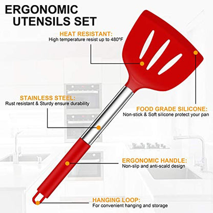 LIANYU 27 PCS Kitchen Utensils Set with Holder, Silicone Cooking Utensils Spatula Set with Stainless Steel Handle, Kitchen Cooking Gadgets Tools for Nonstick Cookware Set, Heat Resistant, Red - color: Red