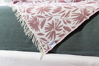 Flower Organic Cotton Turkish Throw Blanket, Muslin - Burgundy | Thin, Soft, Lightweight, Breathable Gauze Weave, Red and White Reversible Floral Print, for Sofa, Chair, Couch, 65" x 65" - color: Burgundy Whimsy