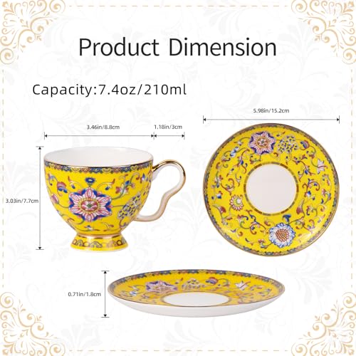 KAMMAK Tea Cup and Saucer, Ceramic Coffee Cups, 7.4 oz, Set of 2 | Porcelain Tea Cups with Saucers for Coffee and Cappuccino, Ideal for Breakfast, Afternoon Tea and Entertaining,940+941N - style: 641N+642N