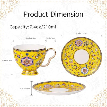 KAMMAK Tea Cup and Saucer, Ceramic Coffee Cups, 7.4 oz, Set of 2 | Porcelain Tea Cups with Saucers for Coffee and Cappuccino, Ideal for Breakfast, Afternoon Tea and Entertaining,940+941N - style: 641N+642N