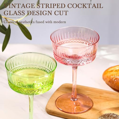 Pink Coupe Cocktail Glasses set of 6 - Ribbed Coupe Cocktail Glasses 9oz, Unique Cocktail Glass for Bar, Martini, Impressive Cocktail Party Glasses - color: Pink