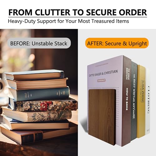 Brosisincorp Walnut Wood Book Ends for Shelves - Hand Polished Edges, Non-Skid Bookends for Heavy Duty Book Holders Office Desk Shelves Decorative Book Organizer, 6.69"H x 4.72"W x 3.94"L (2 Pairs) | 6.69"Hx4.72"Wx3.94"L, Heavy Duty Wooden Bookend with St