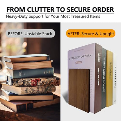 Brosisincorp Walnut Wood Book Ends for Shelves - Hand Polished Edges, Non-Skid Bookends for Heavy Duty Book Holders Office Desk Shelves Decorative Book Organizer, 6.69"H x 4.72"W x 3.94"L (2 Pairs) | 6.69"Hx4.72"Wx3.94"L, Heavy Duty Wooden Bookend with St