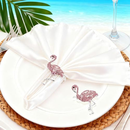 Pink Crystal Flamingo Napkin Rings Set of 6, Silver Rhinestone Tropical Napkin Holders for Beach Wedding Summer Luau Hawaiian Party Bachelorette Elegant Coastal Table Decor - style: Flamingo