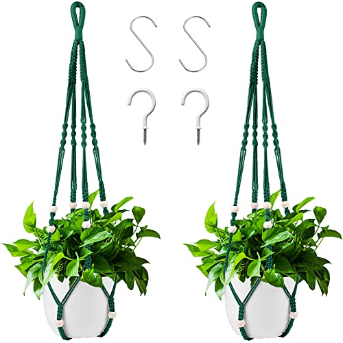 Macrame Plant Hangers Dark Green Hanging Planters for Indoor Outdoor Home Decor, Hanging Plant Holder No Tassels Set of 2 with 4 Hooks - color: Dark Green, size: 35 Inches