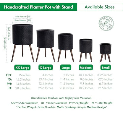 D'vine Dev Planter Pot with Wood Stand, 8 in, Distressed Black, 88-Z-A-5 | Mid-Century Modern Style, Elevated Plant Display, Drainage Hole and Plug, Functional & Stylish, Modern Indoor Planter - color: Distressed Black, size: Small