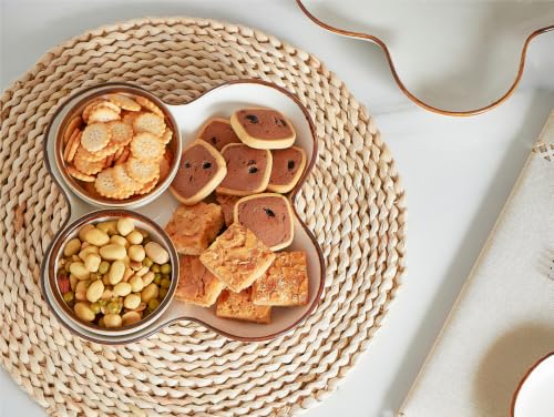 ONEMORE Chip and Dip Serving Set, 8.5 inch Ceramic Divided Serving Platter Small Appetizer Tray with 4 Removable Dishes for Nuts, Candy, Snacks, Veggies, Rustic Serving Bowls for Entertaining