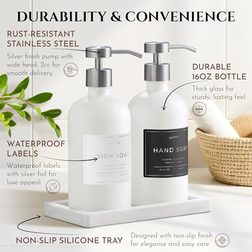 Glass Soap Dispenser Set of 2 (White) with Silicone Tray | Hand and Dish Soap Dispenser for Kitchen and Bathroom | 16.8 Oz Glass Bottles with Stainless Steel Pump & 15 Waterproof Labels (White/Silver) - color: White/Silver