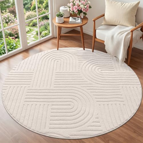 SHACOS Soft Cozy Fluffy Arch High Low Pile Round Rug 4ft Non Slip Washable Scandi Minimalist Circle Area Rug Modern Geometric Carpet for Living Room Bedroom Bathroom Kitchen, Beige - color: Beige, size: 4' x 4'