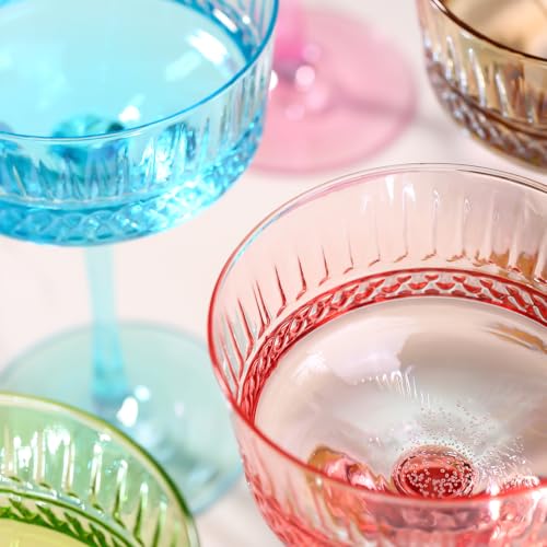 Pink Coupe Cocktail Glasses set of 6 - Ribbed Coupe Cocktail Glasses 9oz, Unique Cocktail Glass for Bar, Martini, Impressive Cocktail Party Glasses - color: Pink