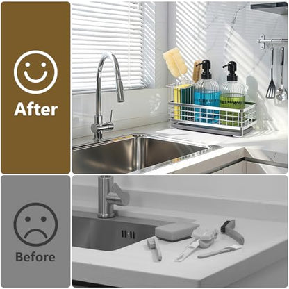 Kitchen Dish Soap Dispenser Set with Tray for Countertop Organizer,Silver | 14OZ Glass Bottle with Rustproof 304 Stainless Steel Sponge Holder and Instant Dry Tray, Hand and Dish Soap Dispenser Set - color: Silver + Dark Grey + Transparent