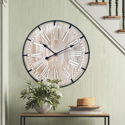 EMAX HOME 24 Inch Large Farmhouse Wall Clock, Rustic Antique Wood with Metal Circle and Large Engraved Numerals, Silent Battery Operated Wall Clock for Office Kitchen Bedroom Living Room - color: Brown, size: 24 Inch Roman numerals