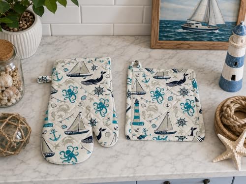 Summer Kitchen Pot Holder Oven Mitt Dish Towel Set: Fun Navy White Aqua Nautical Coastal, 5 pc Set (Coastal) - color: Coastal Set