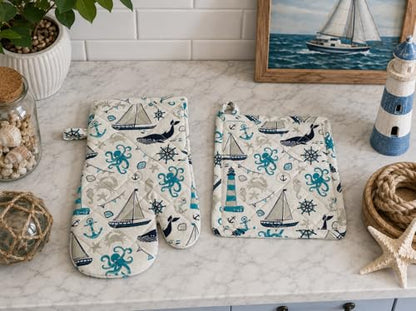 Summer Kitchen Pot Holder Oven Mitt Dish Towel Set: Fun Navy White Aqua Nautical Coastal, 5 pc Set (Coastal) - color: Coastal Set