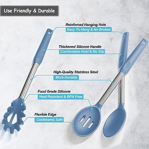 Silicone Spatula and Cooking Spoon,5 Pack Solid & Slotted Spoons and Spatulas High Heat resitant for Kitchen, Stainless Steel Handle Coated with Silicone, Non Stick Utensil, Starry blue - color: Starry blue