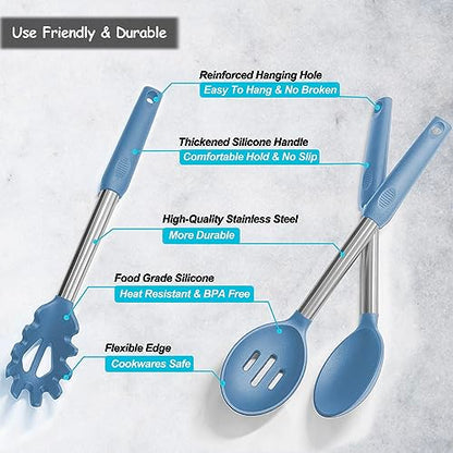 Silicone Spatula and Cooking Spoon,5 Pack Solid & Slotted Spoons and Spatulas High Heat resitant for Kitchen, Stainless Steel Handle Coated with Silicone, Non Stick Utensil, Starry blue - color: Starry blue