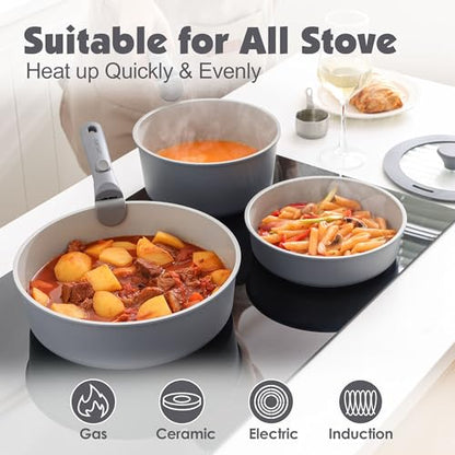 SENSARTE 17 Piece Ceramic Detachable Handle Pots and Pans Set Gray | Ceramic Cookware Set, Induction Cookware Set with Removable Handle, Healthy Non Stick for RV, Dishwasher ＆ Oven Safe - color: Gray, size: 17 Piece
