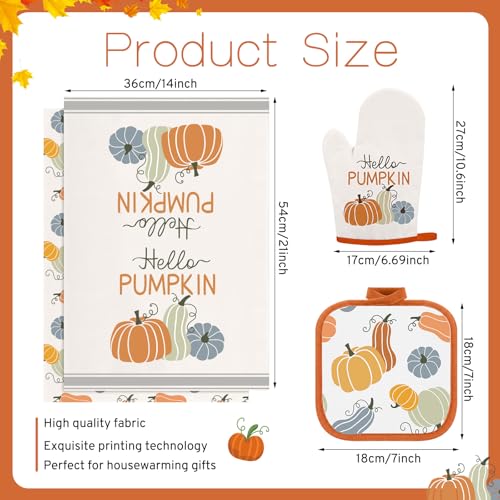 Frienda 6 Pcs Fall Pumpkin Oven Mitts Set for Farmhouse Thanksgiving | Oven Mitts Pot Holders Dish Towels Hello Pumpkin Orange Autumn Kitchen Gift Fall Decor for Farmhouse Autumn Harvest Baking - style: Fall