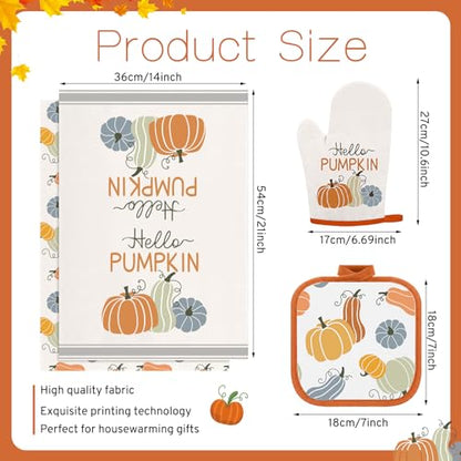 Frienda 6 Pcs Fall Pumpkin Oven Mitts Set for Farmhouse Thanksgiving | Oven Mitts Pot Holders Dish Towels Hello Pumpkin Orange Autumn Kitchen Gift Fall Decor for Farmhouse Autumn Harvest Baking - style: Fall