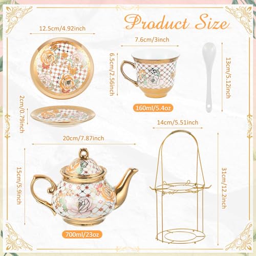 Zhehao 20 Pcs Porcelain Tea Set with Metal Holder and Spoon Adult Ceramic Tea Set European Flower Painting Teapot Cup Saucer Spoon for Women Mom Gift, Large Version (Delicate Style) - color: Delicate Style