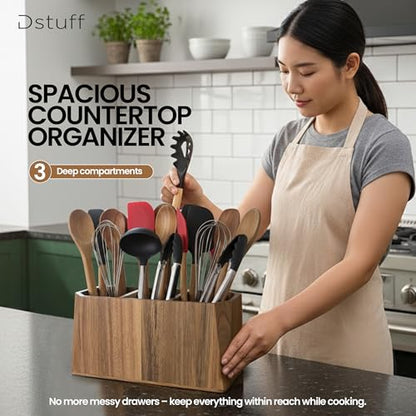 Large Kitchen Utensil Holder for Countertop – Acacia Wood Utensil Organizer with 3 Compartments, Beveled Edges Design, Non-Slip Silicone Pads & Drain Hole – Rustic Farmhouse Utensil Caddy Crock - size: 3 Compartment