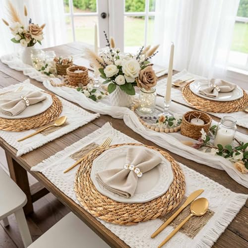 6 Sets Boho Placemats, Including 12 Inch Round Woven Rattan Placemats, Rectangle Burlap Boho Table Mats, Pearl Napkin Rings, Handmade Farmhouse Table Chargers for Home Wedding Party Decoration