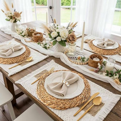 6 Sets Boho Placemats, Including 12 Inch Round Woven Rattan Placemats, Rectangle Burlap Boho Table Mats, Pearl Napkin Rings, Handmade Farmhouse Table Chargers for Home Wedding Party Decoration