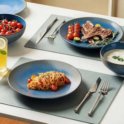 Dinnerware Sets for 4, 12 Piece Stoneware Plates and Bowls, Blue | 12 piece stoneware set for 4 with ribbed texture; dinner plates, salad plates and 33 oz bowls, microwave, dishwasher safe.