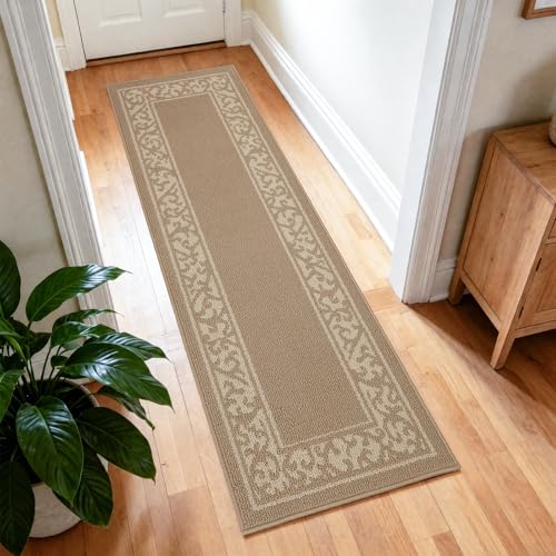 Washable Runner Rug 2x6 Ft, Non-Slip Hallway Rug with Rubber Backing, Kitchen Runner, Low Profile Indoor Carpet for Entryway, Laundry Room, Bedroom. (Border Beige, 24‘’X72'') - color: Border Beige, size: 2' x 6' (Rectangular)
