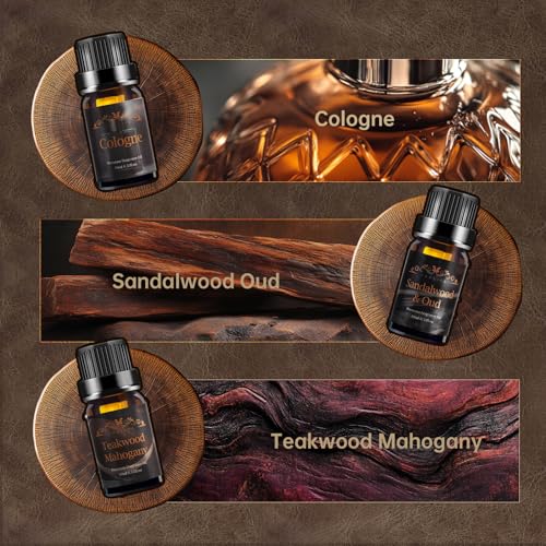 Men Essential Oils Set for Diffusers for Home, 6x10ml Scented Oil | Masculine Essential Oil for Candle Making, Aromatherapy Gift Set for Men, Mahogany, Sandalwood,Cologne,Smoke Vanilla, Leather