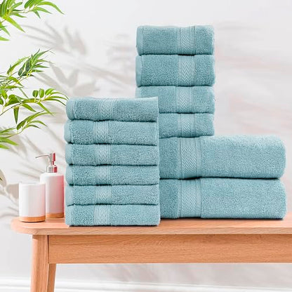 HILLFAIR 12-Piece Cotton Bath Towel Set - 600 GSM - Hotel Spa Towels - 2 Bath, 4 Hand, 6 Washcloths - Absorbent Soft Cotton - Ocean Blue - color: Ocean Blue, size: 12 Piece Towel Set