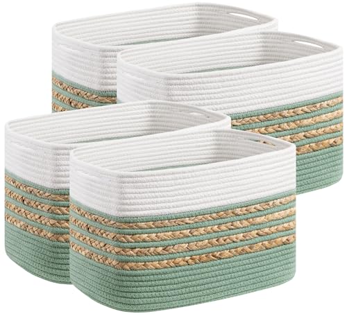 UBBCARE 4 Pack Baskets for Organizing, Woven Storage Baskets for Toys and Towel, Rectangle Cotton Rope Basket with Handles, 14''L x 8''W x9''H, Green - color: Green, size: 4 Pack - 14 X 8 X 9 Inches