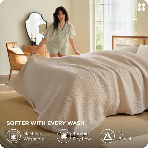 Bedsure PureWoven 100% Cotton Muslin Blanket 8-Layer, Queen, Linen Beige | 90" X 90", Breathable, Moisture-Wicking, All-Season, Softens After Wash, 460 GSM, Gauze Bedding, Low Shedding, for Adults - color: Linen Beige, size: Queen
