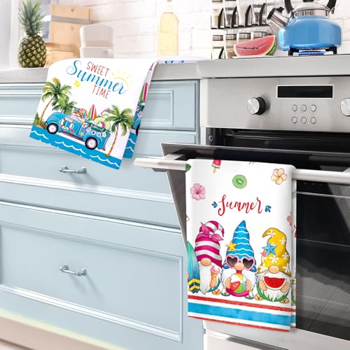 Summer Beach Gnome Tea Towels 4Pcs 19"×27.5", 100% Cotton Soft Kitchen Towel Hand Towels Multiple Uses Quick Dry Dish Cloth for Kitchen, Anniversary,Wedding, Decoration | 18.9 x 27.5 in / 48 x 70 cm, Lightweight Woven Dish Cloth with Beach Gnome Print for