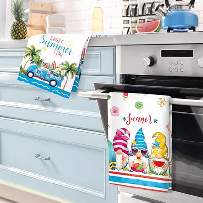 Summer Beach Gnome Tea Towels 4Pcs 19"×27.5", 100% Cotton Soft Kitchen Towel Hand Towels Multiple Uses Quick Dry Dish Cloth for Kitchen, Anniversary,Wedding, Decoration | 18.9 x 27.5 in / 48 x 70 cm, Lightweight Woven Dish Cloth with Beach Gnome Print for