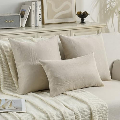 FUTEI Pack of 2 Chenille Throw Pillow Covers 16x16 Inch, Beige | Elegant Herringbone Textured Design,Side Hidden Zipper,Machine Washable,Pill-Resistant,Colorfast,Insert Not Included. - color: Beige, size: 16" x 16" (Pack of 2)