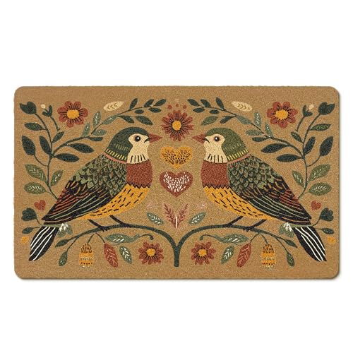 Vintage Bird Floral Coir Door Mats Outdoor, Farmhouse Floral Botanical Front Door Mat Outside Entrance, Retro Bird Doormat Outdoor Indoor Entrance for Home Entryway Decor, 17x30in
