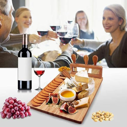 Widousy Bamboo Cheese Board Set, Cheese Tray, Charcuterie Board and Serving Meat Platter with 4 Stainless Steel Cheese Knives, Ideal for Wedding Gifts Christmas Birthday Party (14''x11'')
