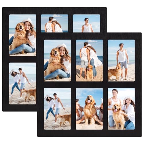 YESKAY 4x6 Picture Frame Collage Set of 2,4 x 6 Wooden Frame with Real Glass,6-Opening 4 by 6 Family Photo Frames for Wall Decor,Rustic Black(OD:13X13in) - color: Rustic Black, size: 4x6-6 Opening(OD:13x13in)