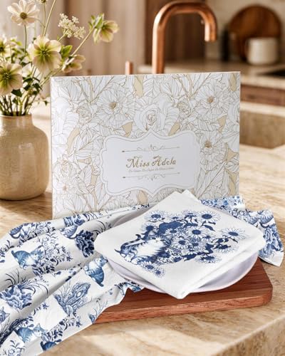 Flour Sack Kitchen Towels Set of 2, 18x26 Inch, Cat Flower | 150GSM Cotton, Lint-Free, Quick Dry, Hanging Loop, Lightweight Tea Towels, French Home Decor, Chinoiserie, Housewarming Gift - color: Cat Flower
