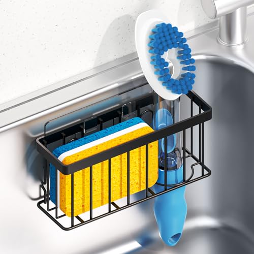 MURLONG Sponge Holder for Kitchen Sink,Sink Caddy Organizer with Suction Cups/Adhesive Strips,Dish Sponge Holder Design for Sponges,Scrubber,Stoppers-Black - color: Black