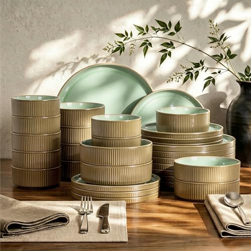 Kitchen Academy Fluted Ceramic Dinnerware Sets for 8, 32Pcs Non Toxic Stoneware Plates and Bowls, Scratch Resistant Dish, Oven & Microwave & Dishwasher Safe, Green - color: Green, size: Service for 8-32Pcs